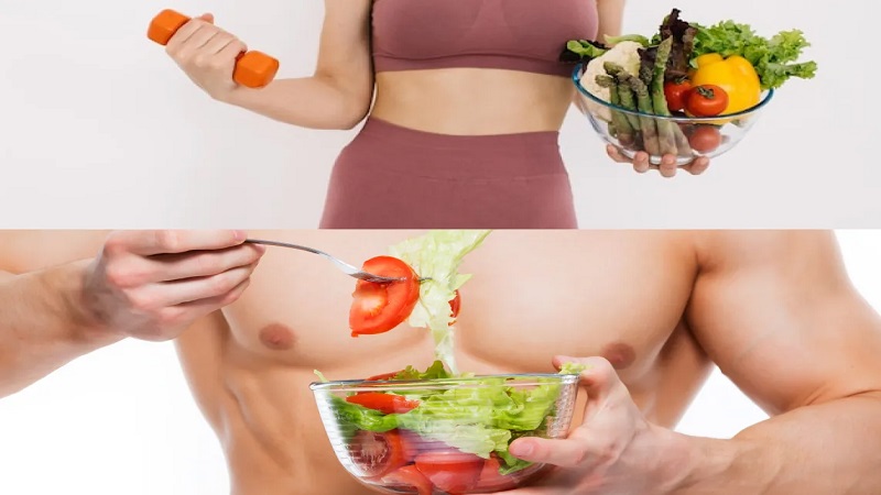 بدن یک خانم و یک آقا با سبزیجات در دست
